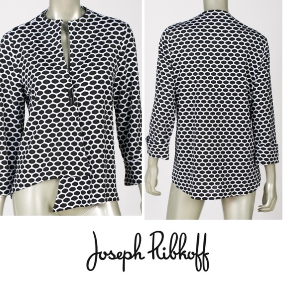 Joseph Ribkoff Asymmetrical One Button Wrap Front Jacket Black/White PrintSize 4 - Picture 2 of 14
